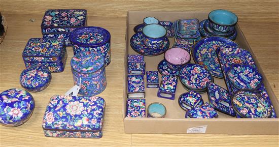 A large group of Chinese Canton enamel blue ground boxes cups, dishes etc, 19th/20th century